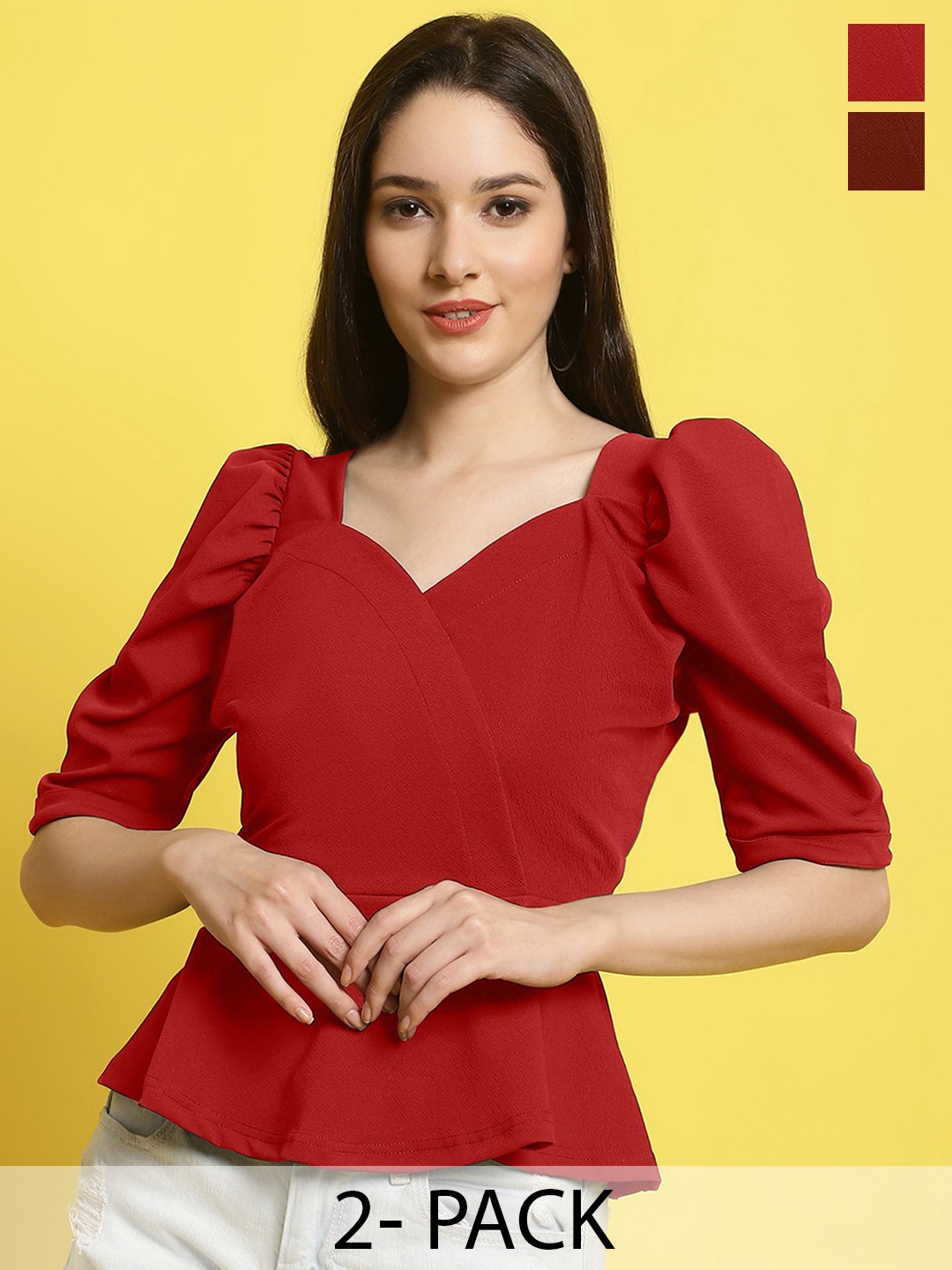 

Fabflee Pack of 2 Sweetheart Neck Puff Sleeved Peplum Tops, Red