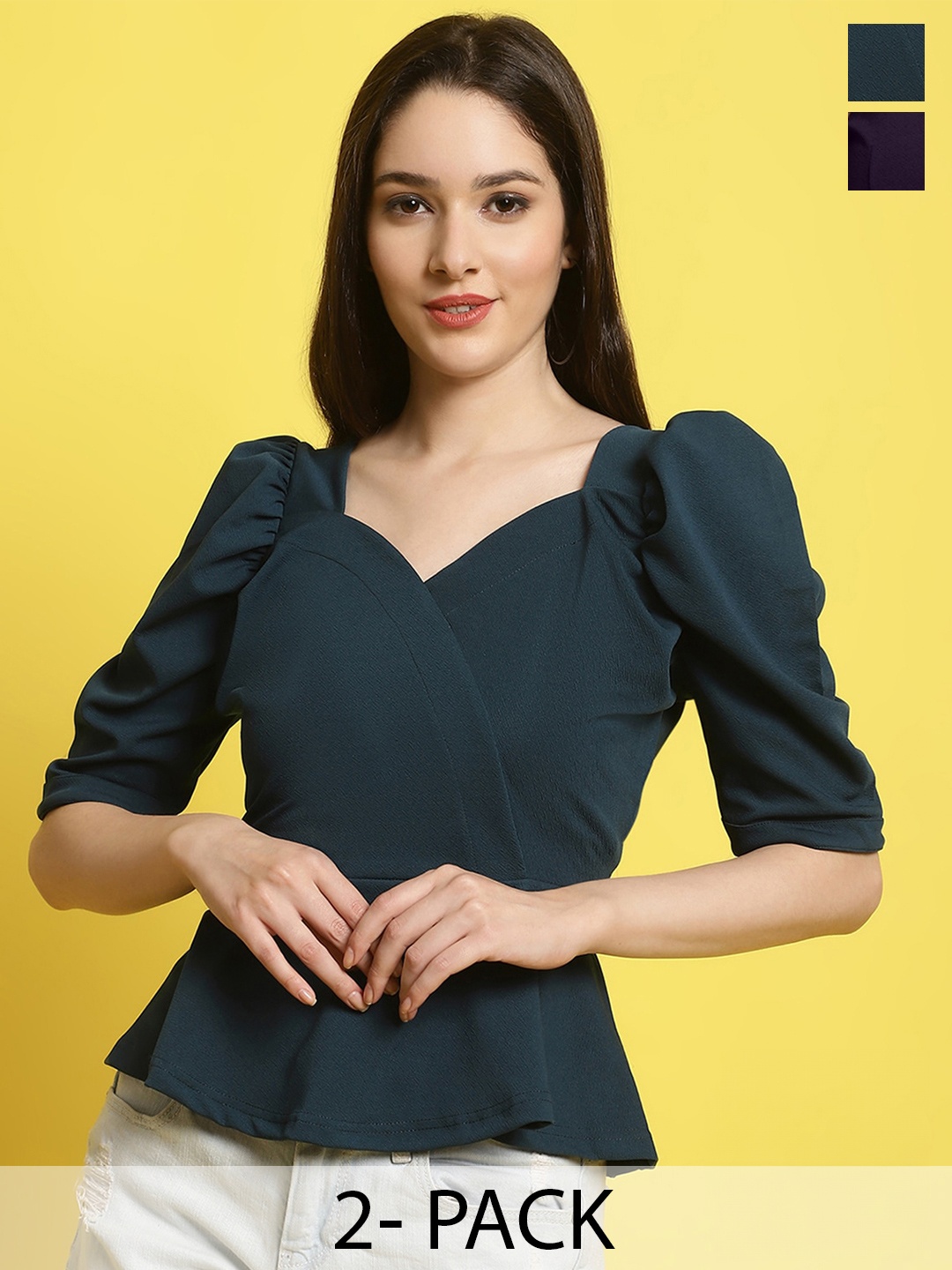 

Fabflee Pack of 2 Sweetheart Neck Puff Sleeved Peplum Tops, Green