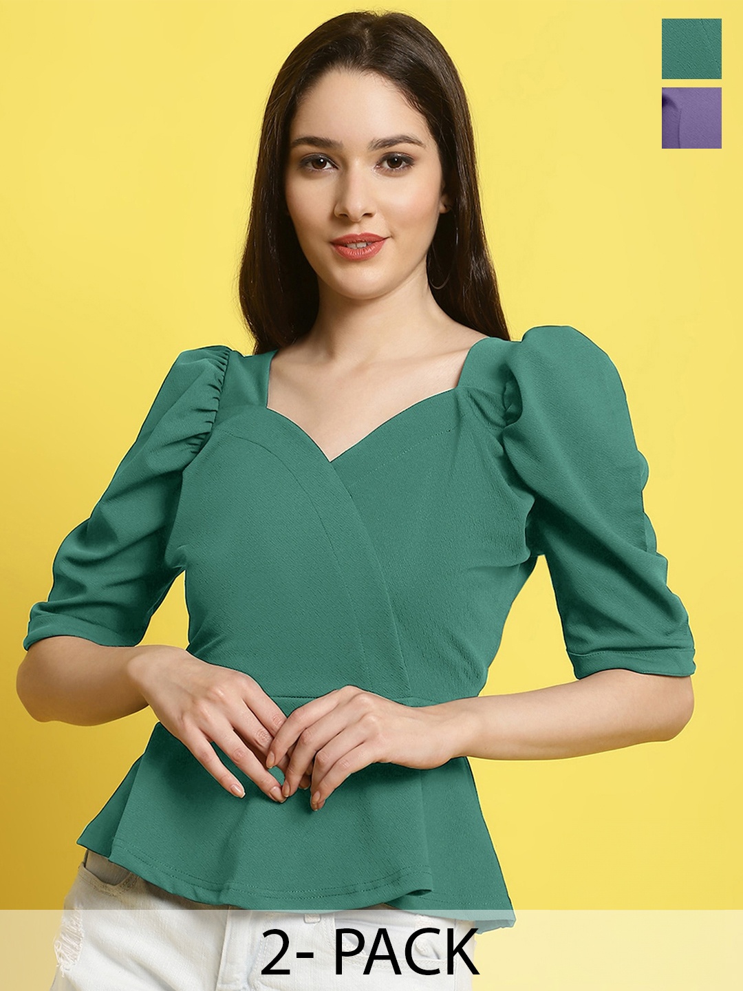 

Fabflee Pack Of 2 Puff Sleeve Sweetheart Neck Peplum Top, Green