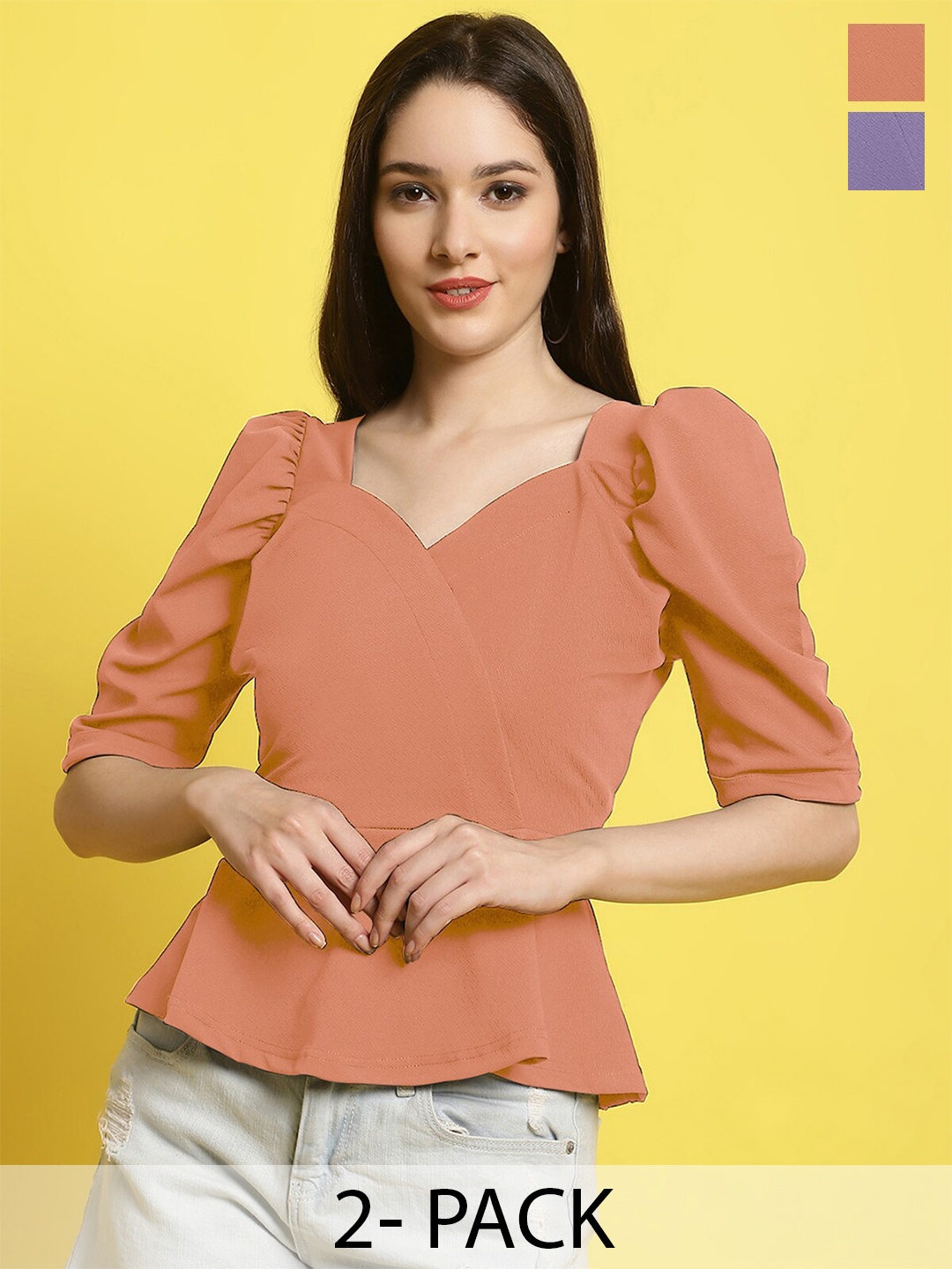 

Fabflee Pack Of 2 Puff Sleeve Tops, Peach