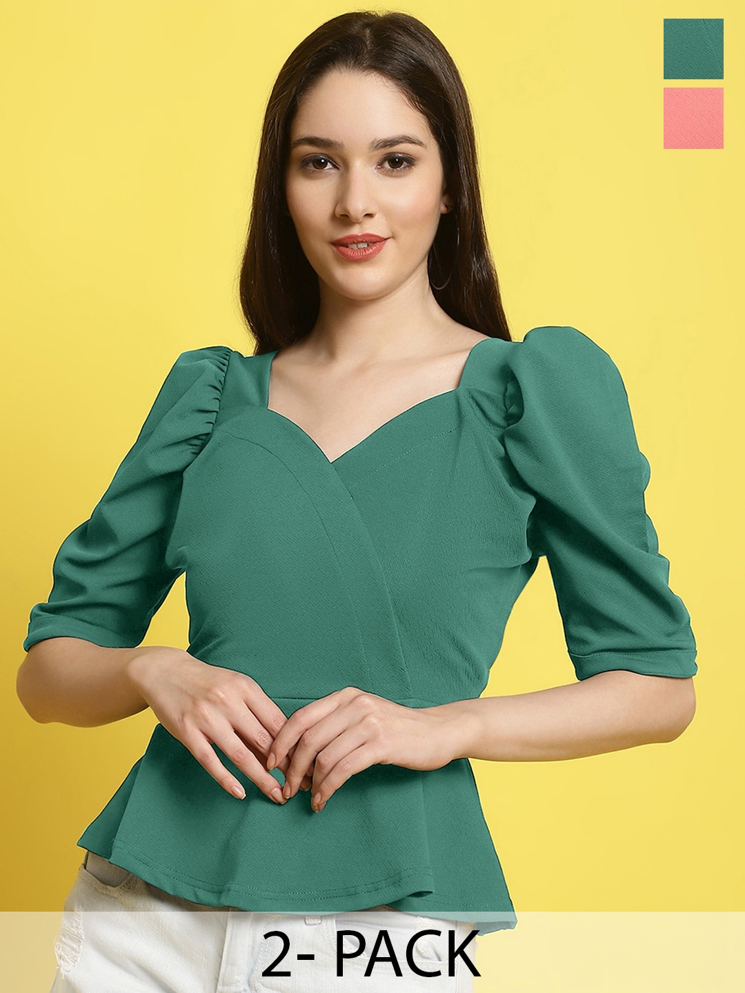 

Fabflee Pack Of 2 Puff Sleeve Sweetheart Neck Peplum Top, Green