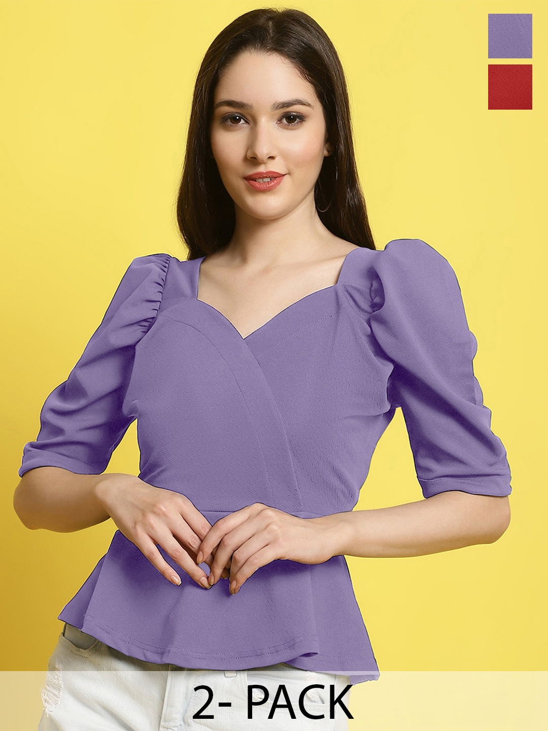 

Fabflee Pack Of 2 V-Neck Puff Sleeves Tops, Maroon
