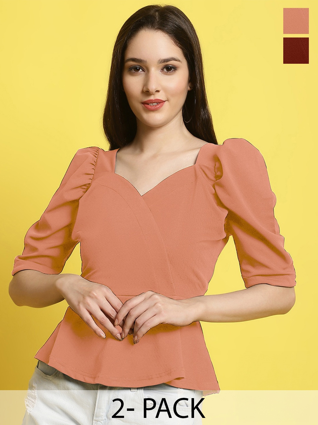 

Fabflee Pack Of 2 V-Neck Puff Sleeves Tops, Peach