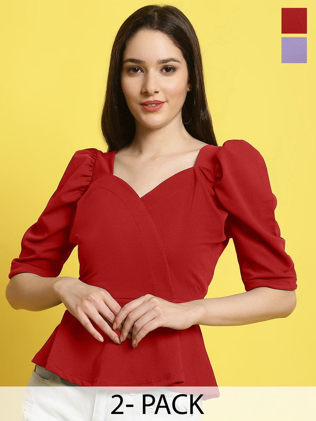 

Fabflee Pack Of 2 Puff Sleeves Peplum Top, Red