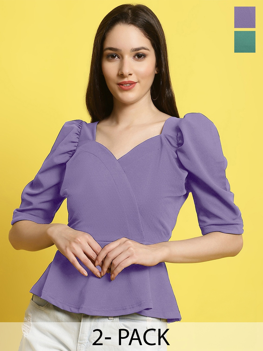 

Fabflee Pack Of 2 Puff Sleeves Top, Lavender