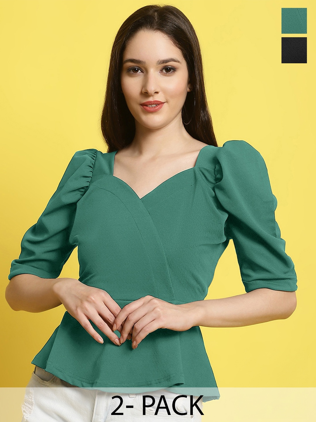 

Fabflee Pack Of 2 Sweetheart Neck Puff Sleeves Peplum Top, Green