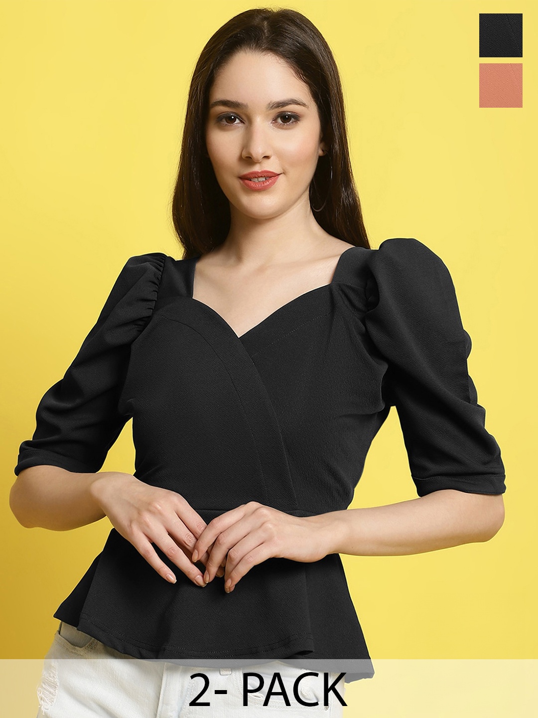 

Fabflee Pack Of 2 Puff Sleeve Tops, Peach