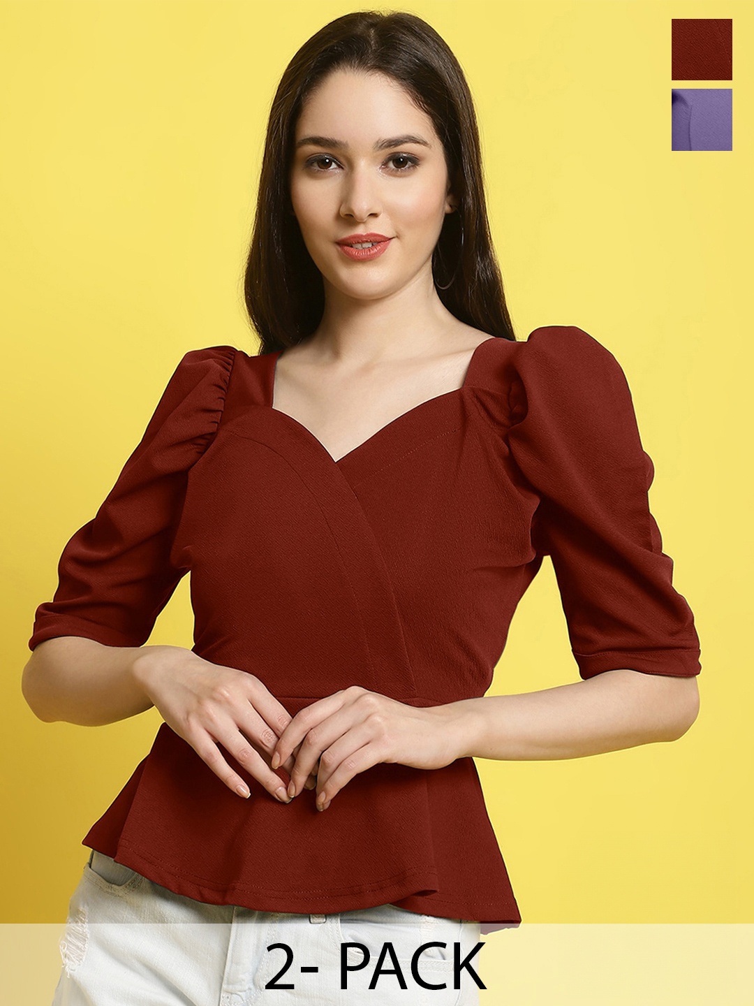 

Fabflee Pack Of 2 Puff Sleeve Peplum Tops, Maroon