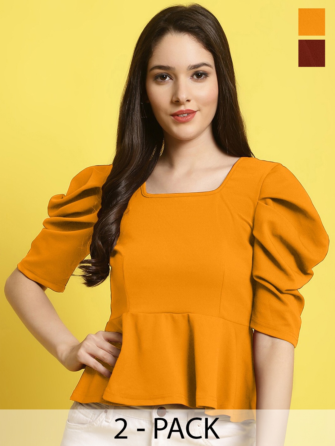 

Fabflee Pack Of 2 Peplum Tops, Mustard