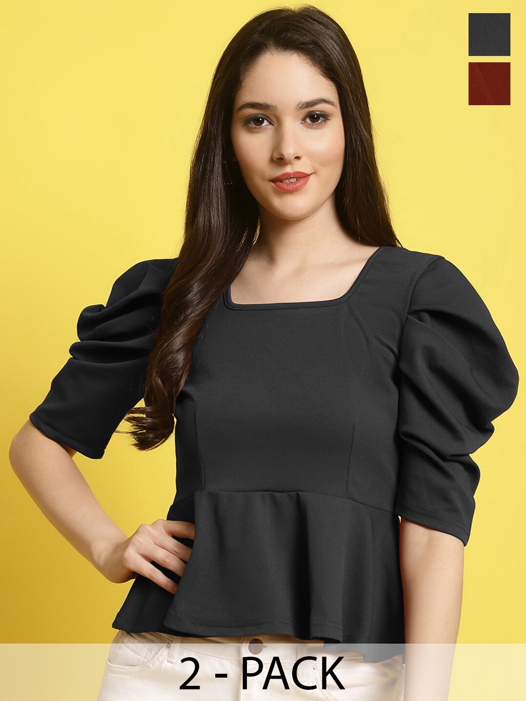 

Fabflee Pack Of 2 Puff Sleeves Top, Black