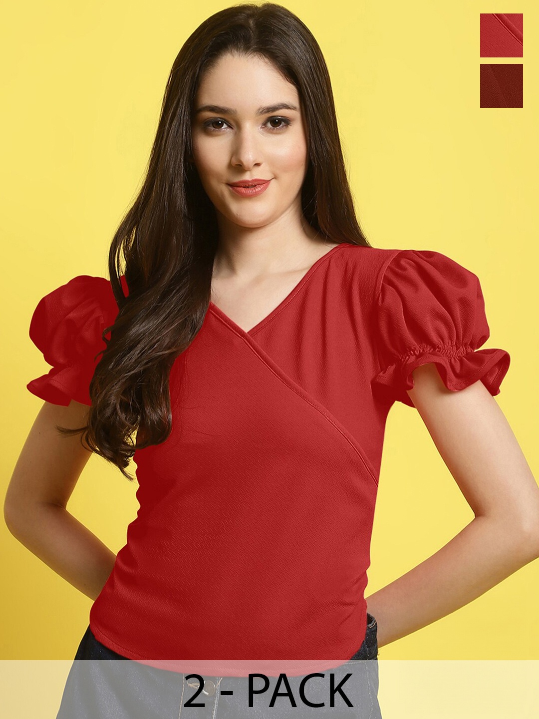 

Fabflee Pack Of 2 V-Neck Puff Sleeves Tops, Maroon