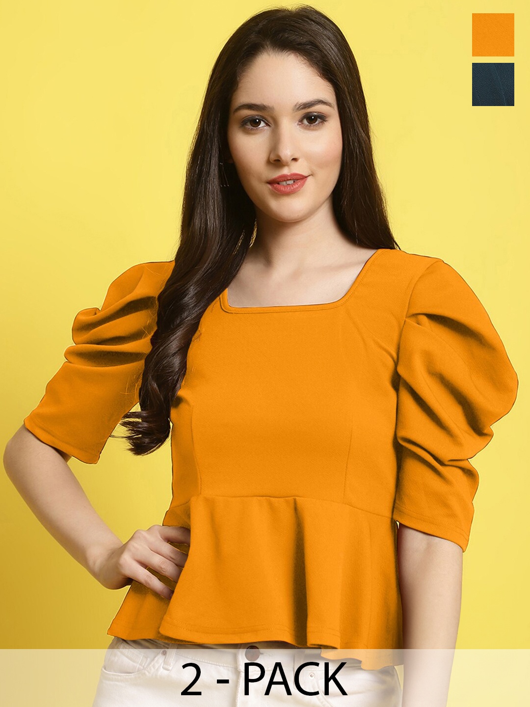 

Fabflee Pack Of 2 Puff Sleeve Peplum Top, Mustard