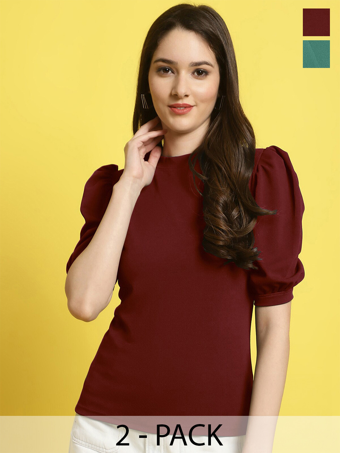 

Fabflee Pack Of 2 Puff Sleeve Top, Maroon
