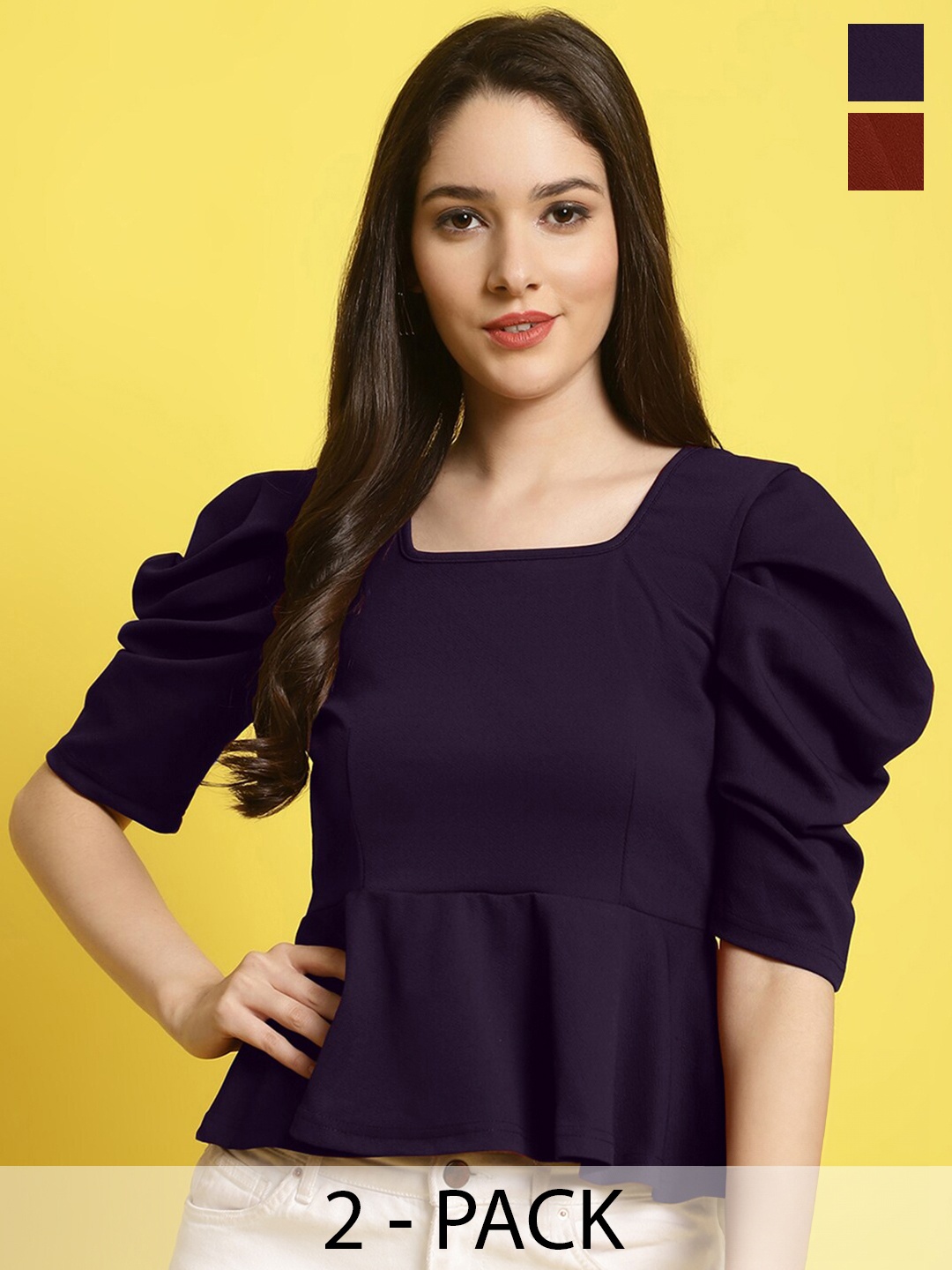 

Fabflee Pack Of 2 Puff Sleeves Peplum Top, Purple