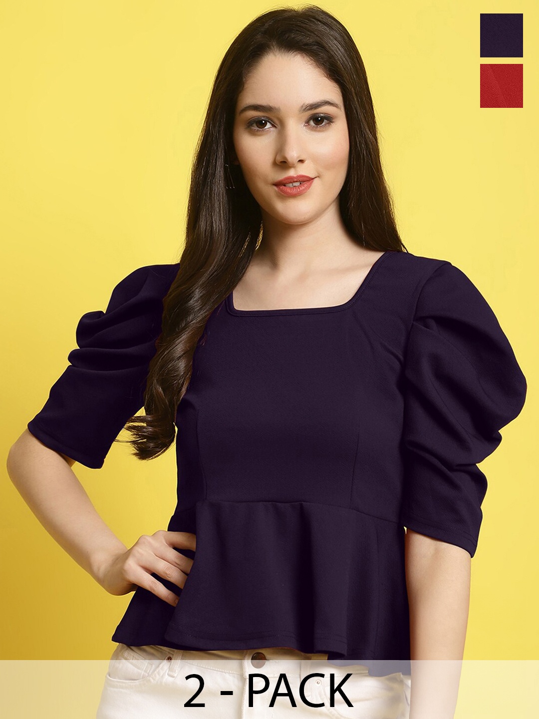 

Fabflee Pack Of 2 V-Neck Puff Sleeves Tops, Black