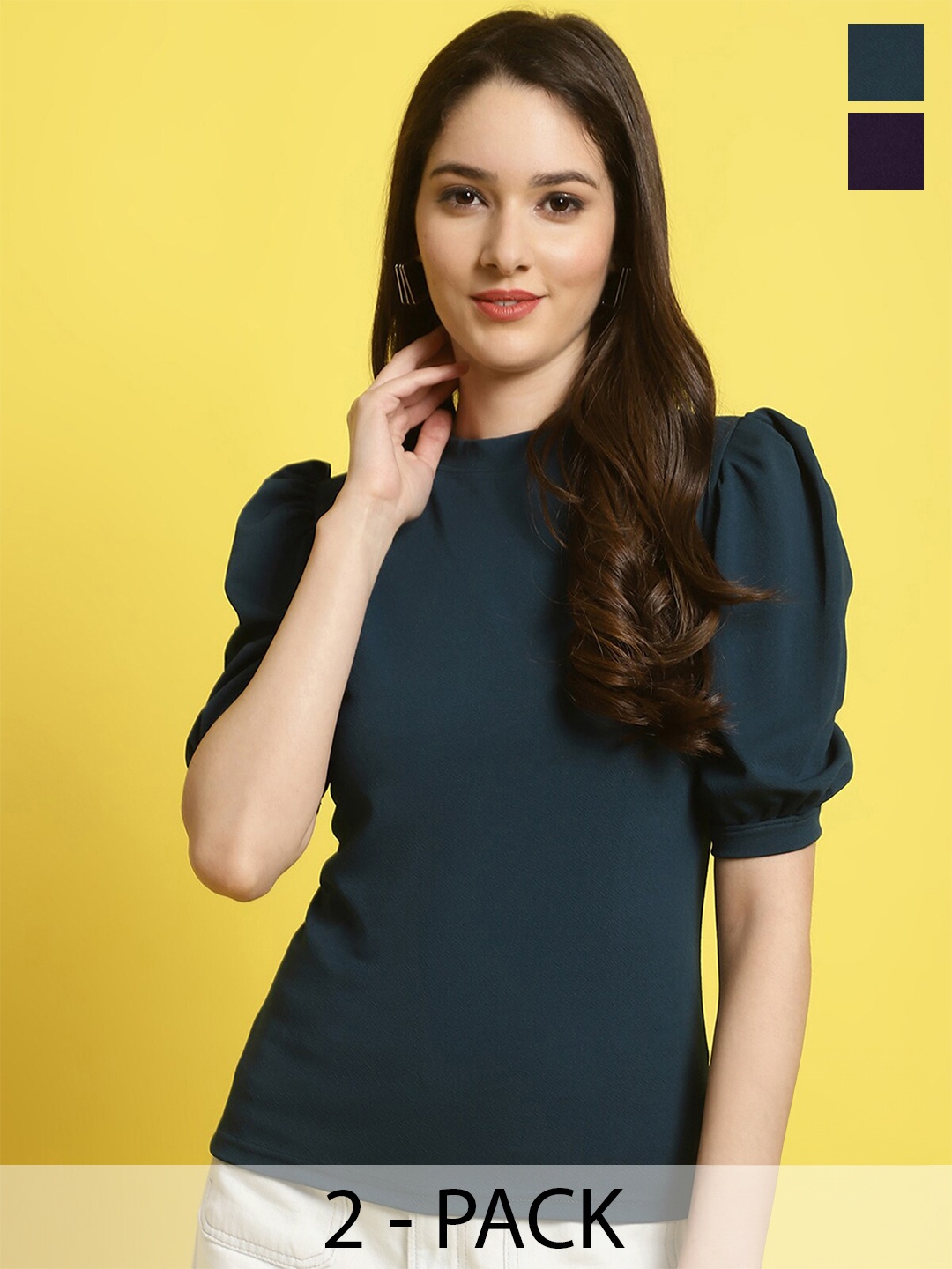 

Fabflee Pack Of 2 High Neck Puff Sleeves Tops, Green