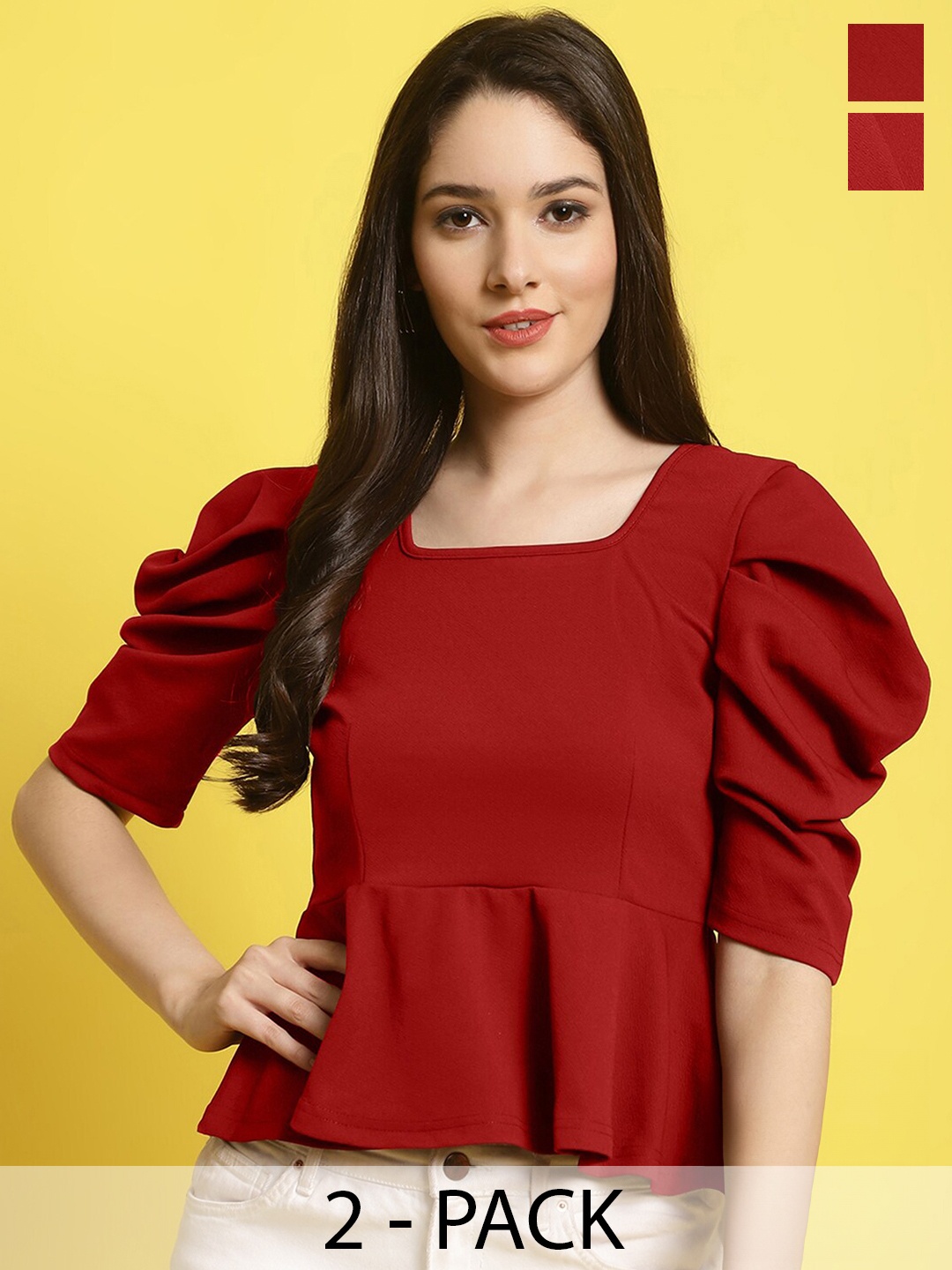 

Fabflee Pack Of 2 Puff Sleeve Casual Tops, Maroon