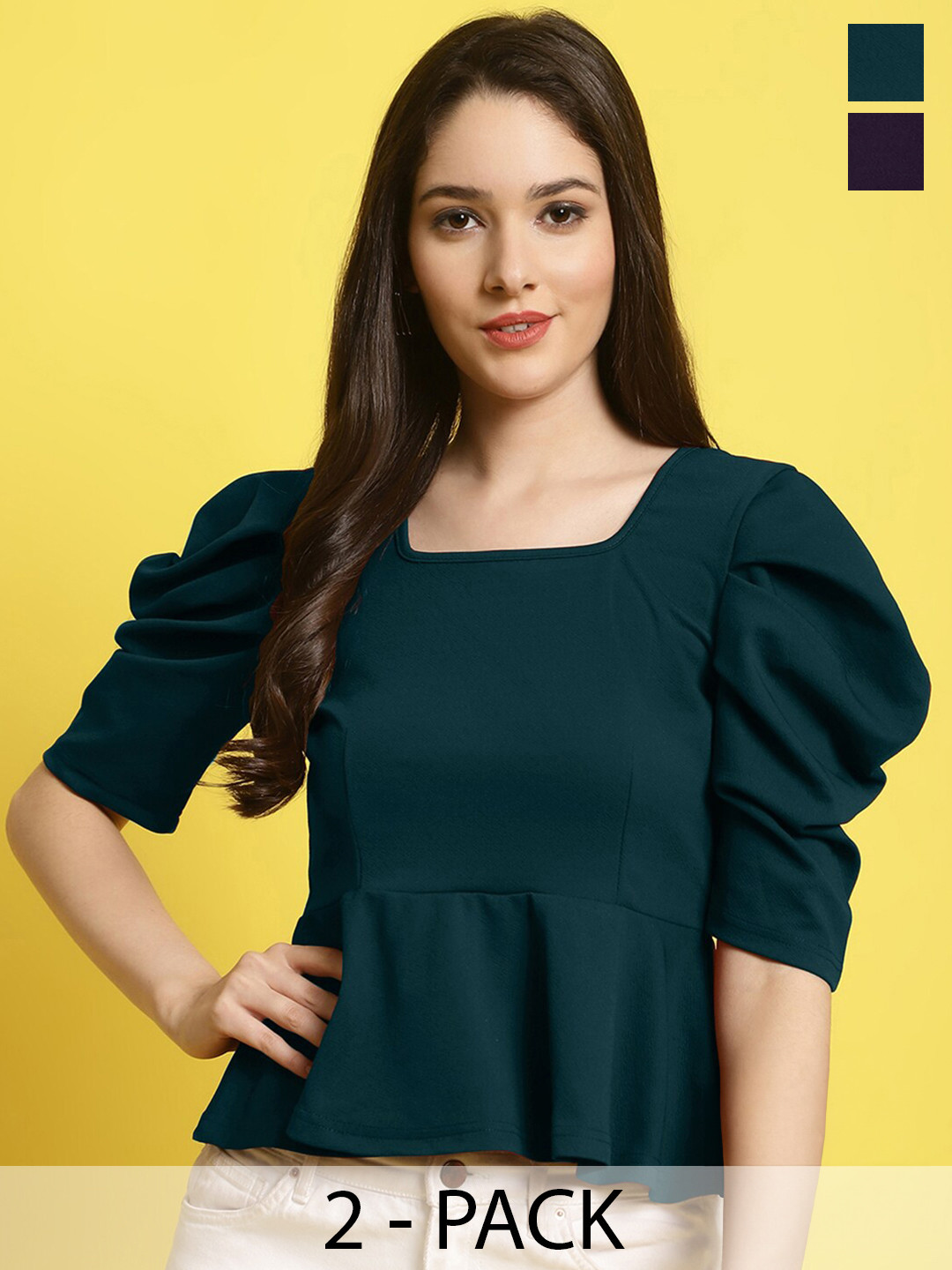 

Fabflee Pack Of 2 Puff Sleeves Peplum Top, Green