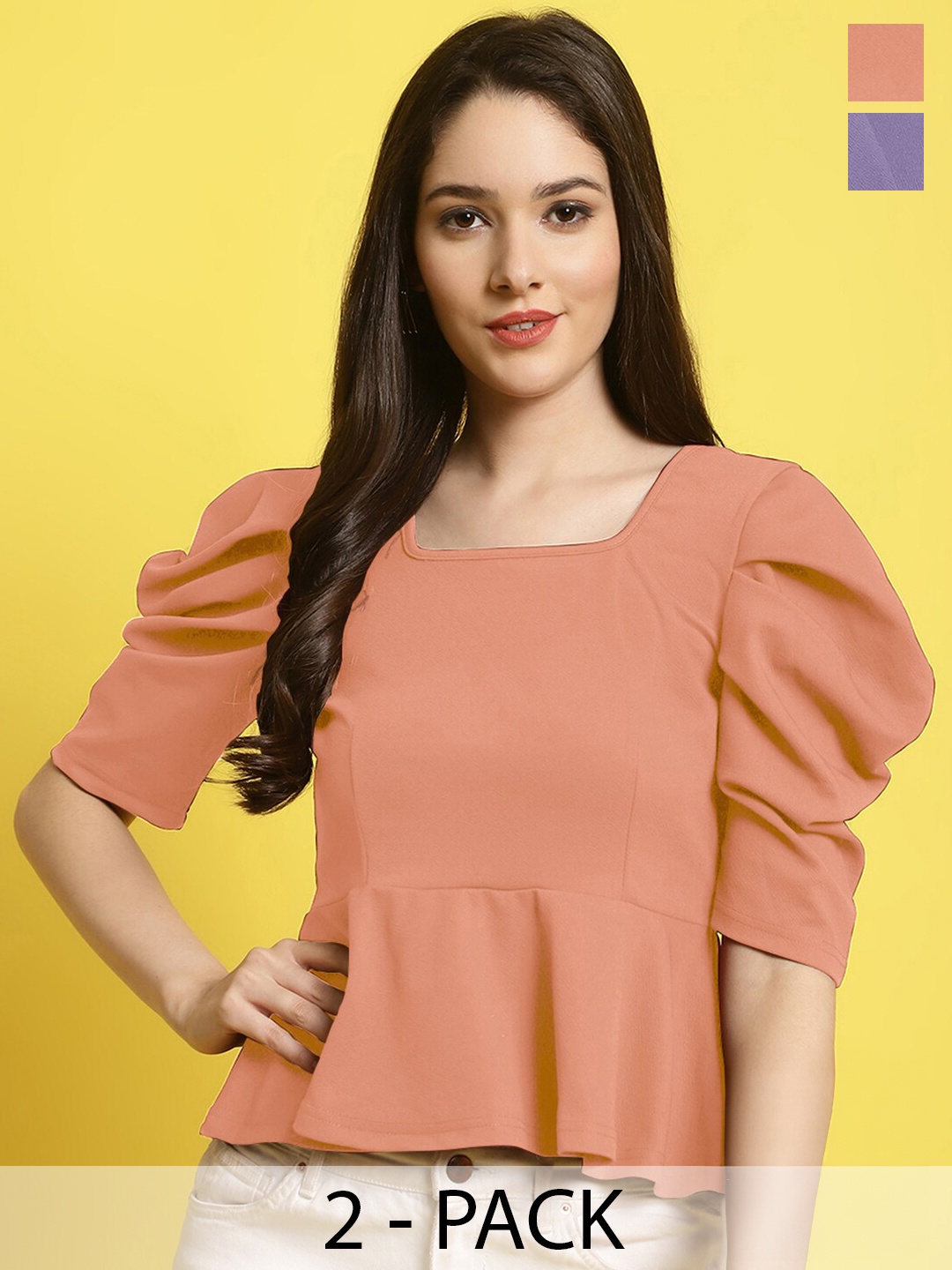 

Fabflee Pack Of 2 Puff Sleeves Peplum Top, Peach