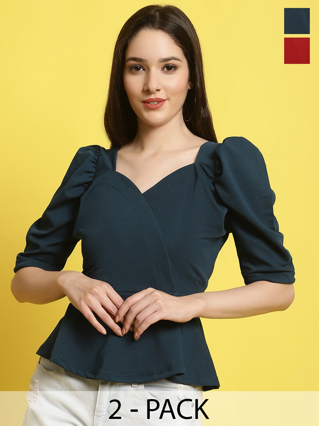 

Fabflee Pack Of 2 Sweetheart Neck Puff Sleeves Tops, Green