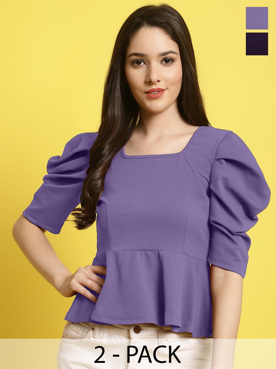 

Fabflee Pack Of 2 Puff Sleeves Tops, Lavender