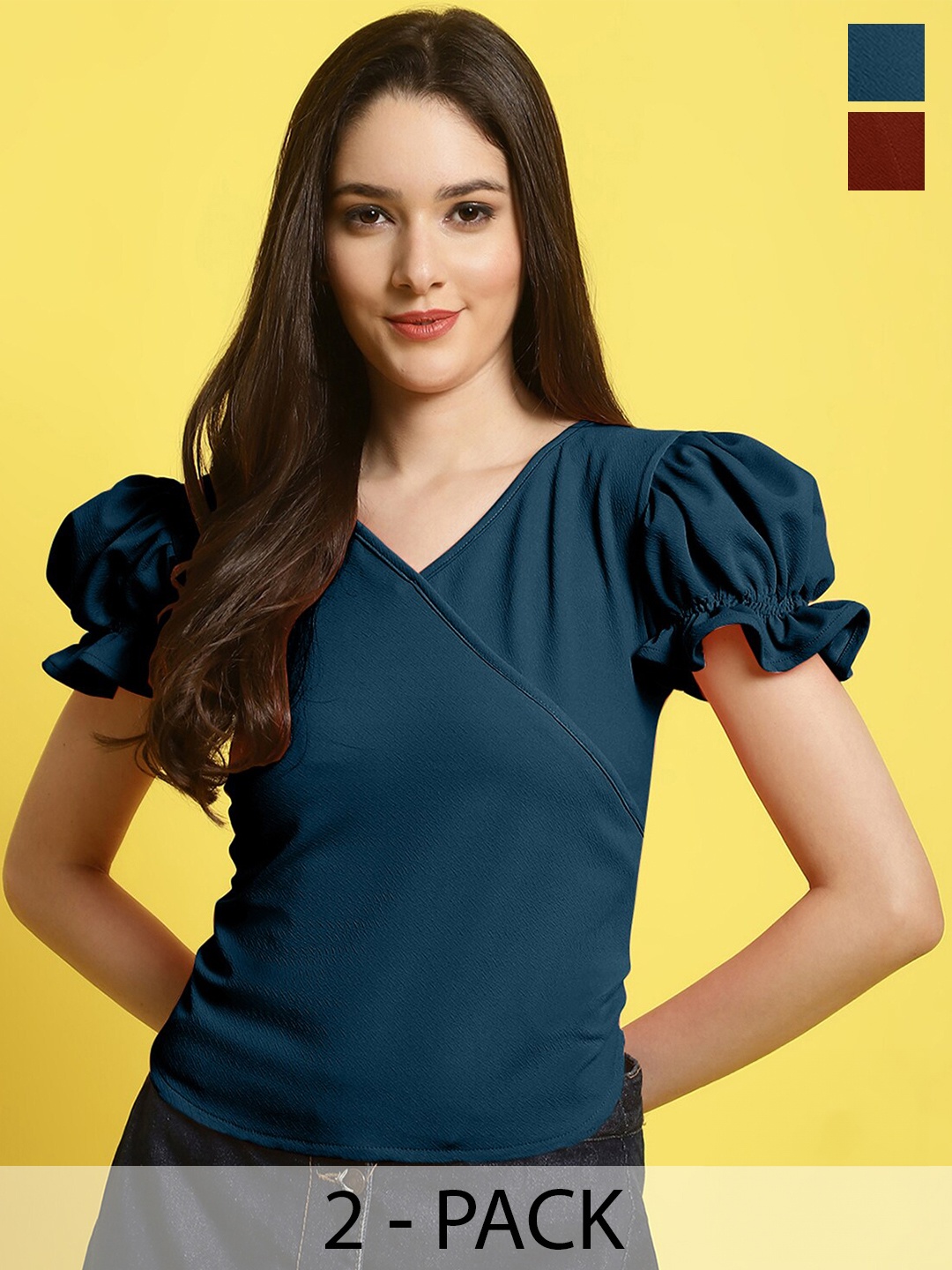 

Fabflee Pack of 2 Sweetheart Neck Puff Sleeve Top, Teal