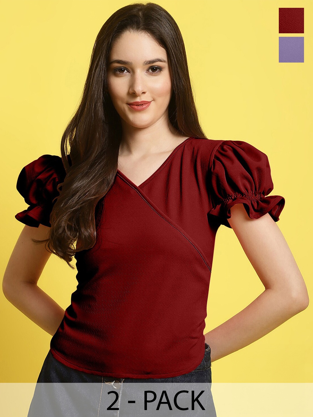 

Fabflee Pack Of 2 V-Neck Puff Sleeves Tops, Maroon