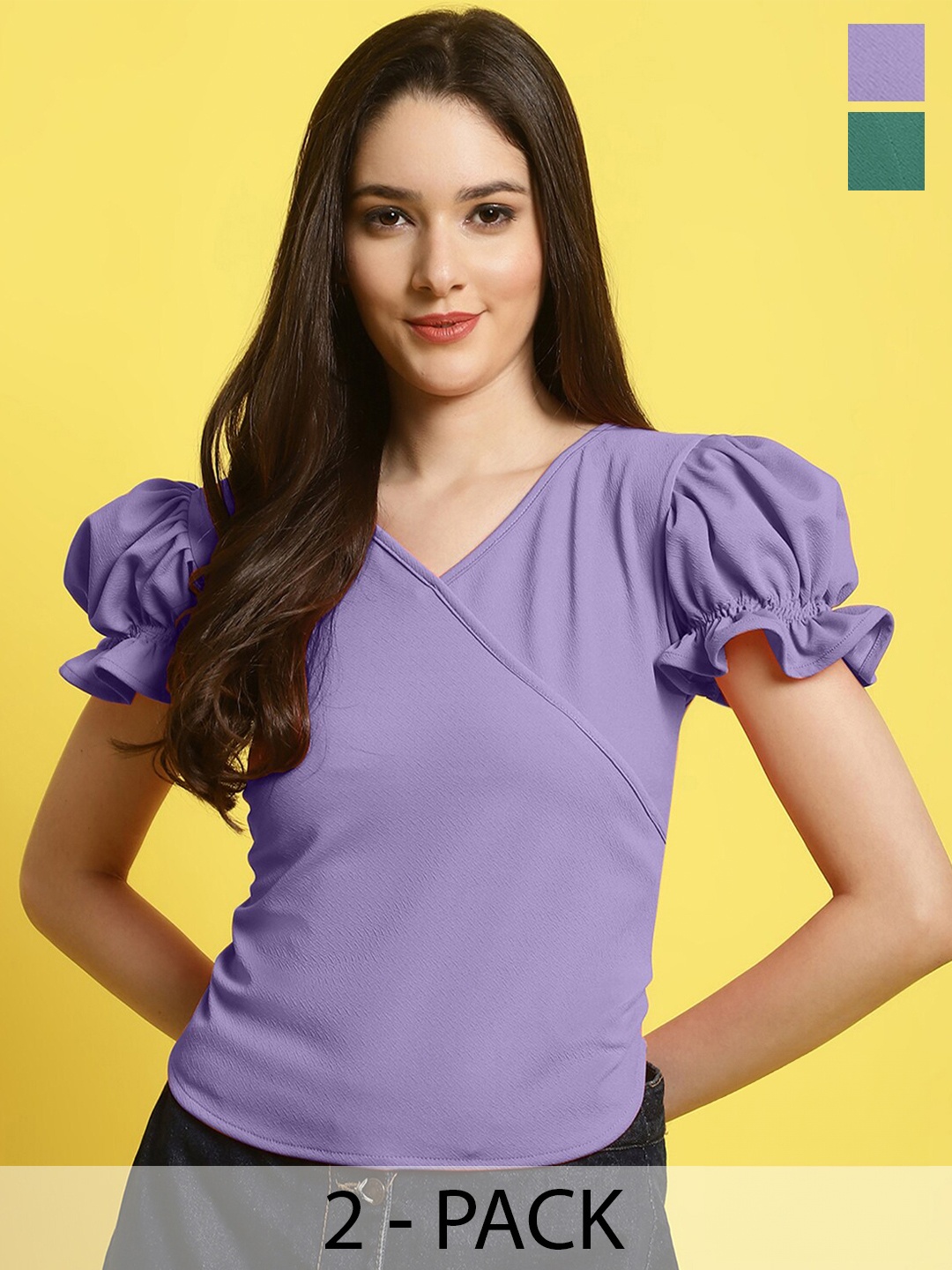 

Fabflee Pack Of 2 Puff Sleeve Tops, Purple