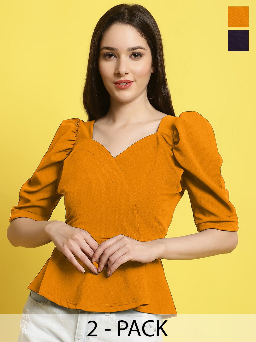 

Fabflee Sweetheart Neck Puff Sleeve Top, Mustard