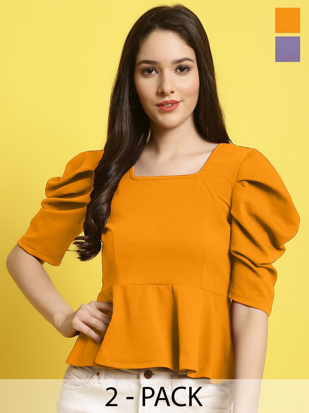 

Fabflee Pack Of 2 Puff Sleeve Top, Mustard