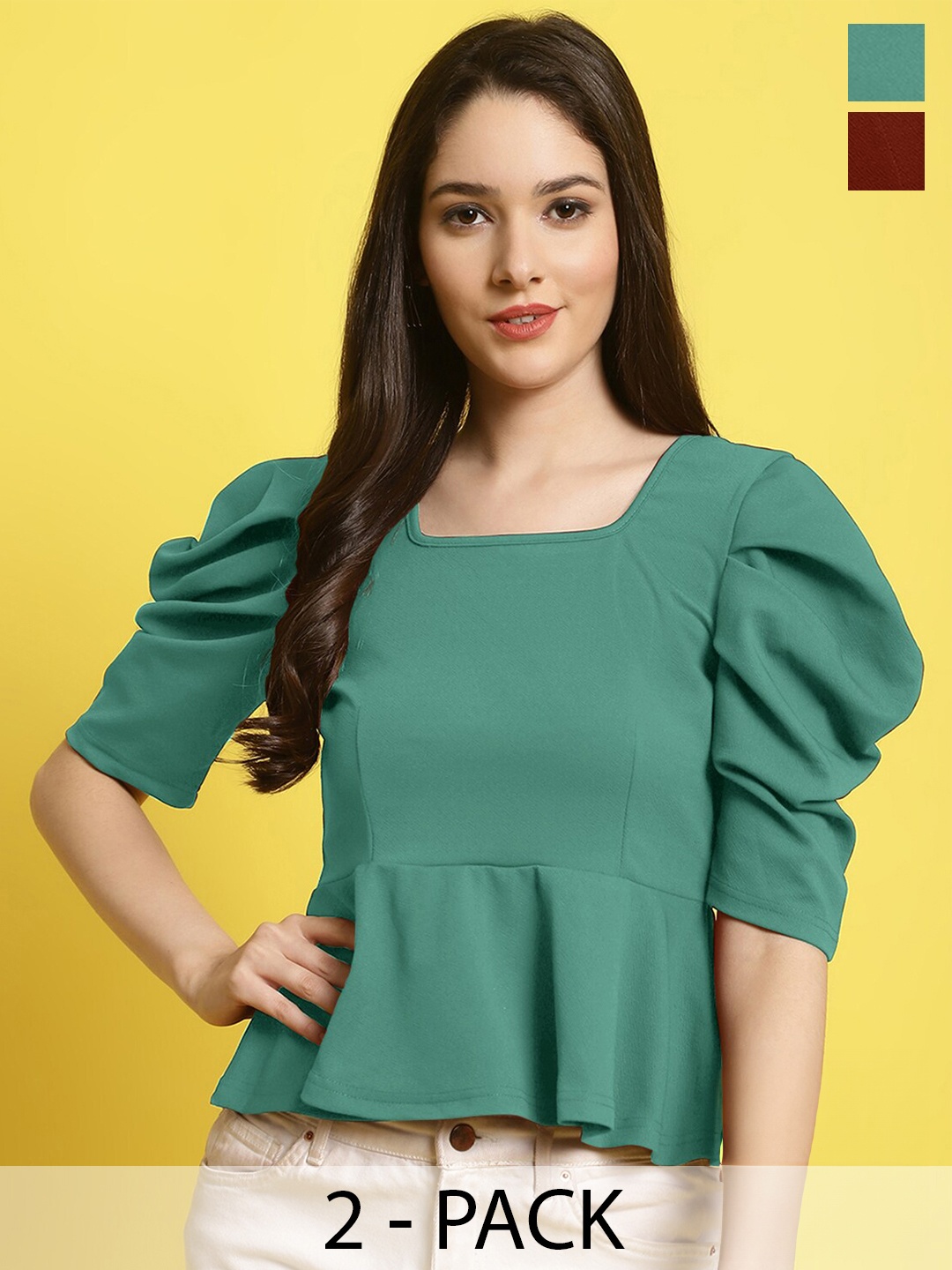 

Fabflee Pack of 2 Puff Sleeved Peplum Tops, Green