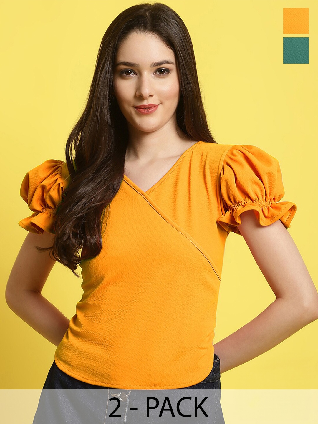 

Fabflee Pack Of 2 Puff Sleeve Sweetheart Neck Peplum Top, Yellow