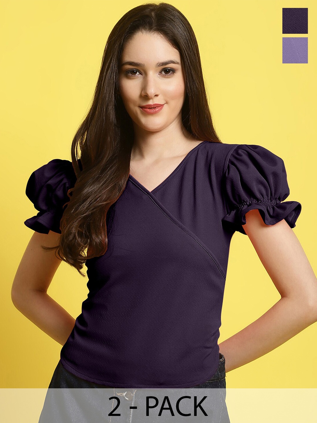 

Fabflee Pack Of 2 Puff Sleeve Sweetheart Neck Peplum Top, Purple