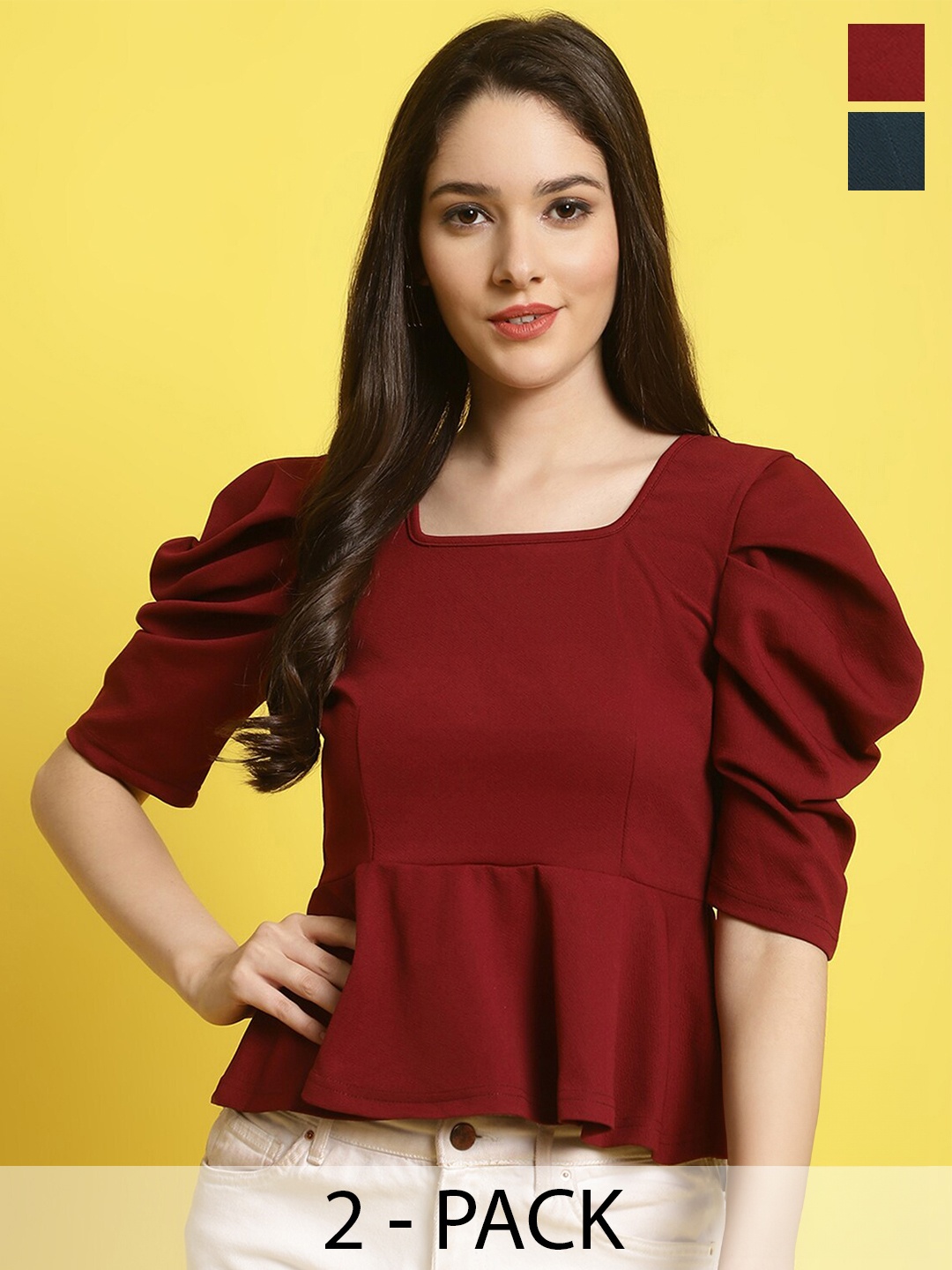 

Fabflee Pack of 2 Puff Sleeved Peplum Tops, Red