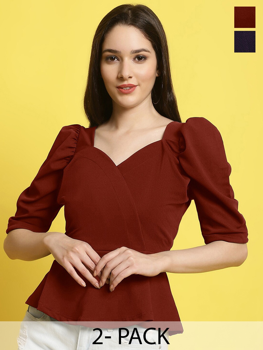 

Fabflee Pack Of 2 Puff Sleeve Peplum Tops, Maroon