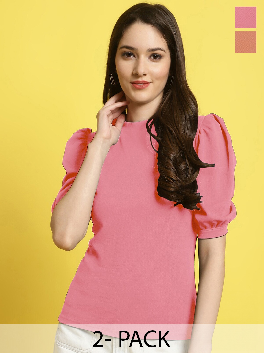 

Fabflee Pack of 2 Puff Sleeved Tops, Pink