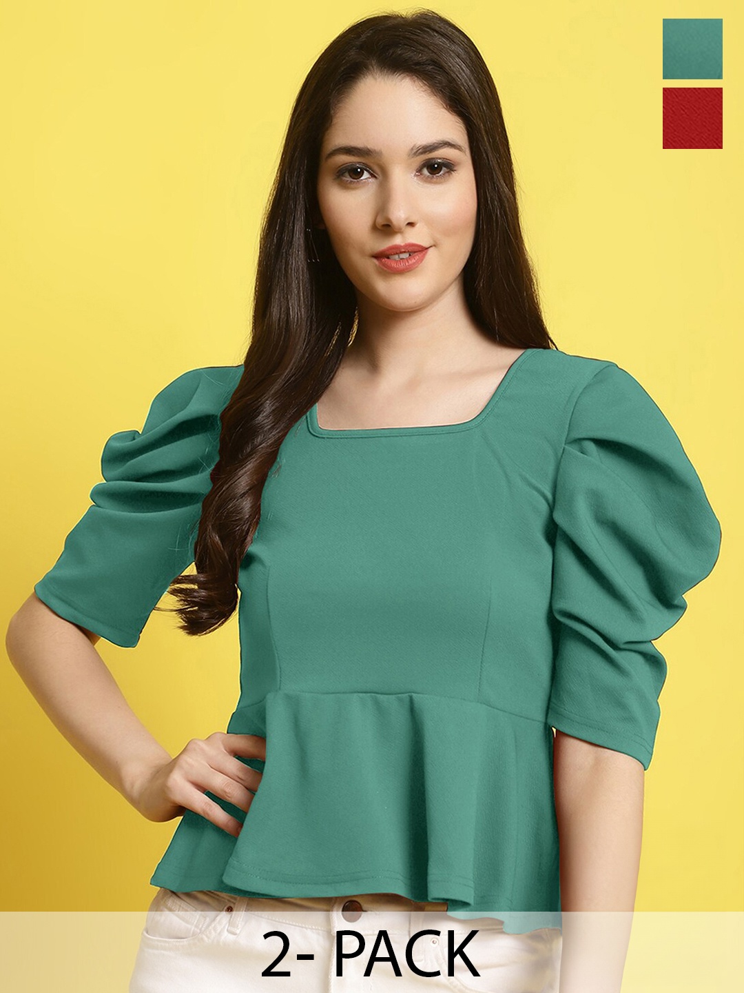 

Fabflee Pack Of 2 Puff Sleeve Casual Peplum Tops, Green