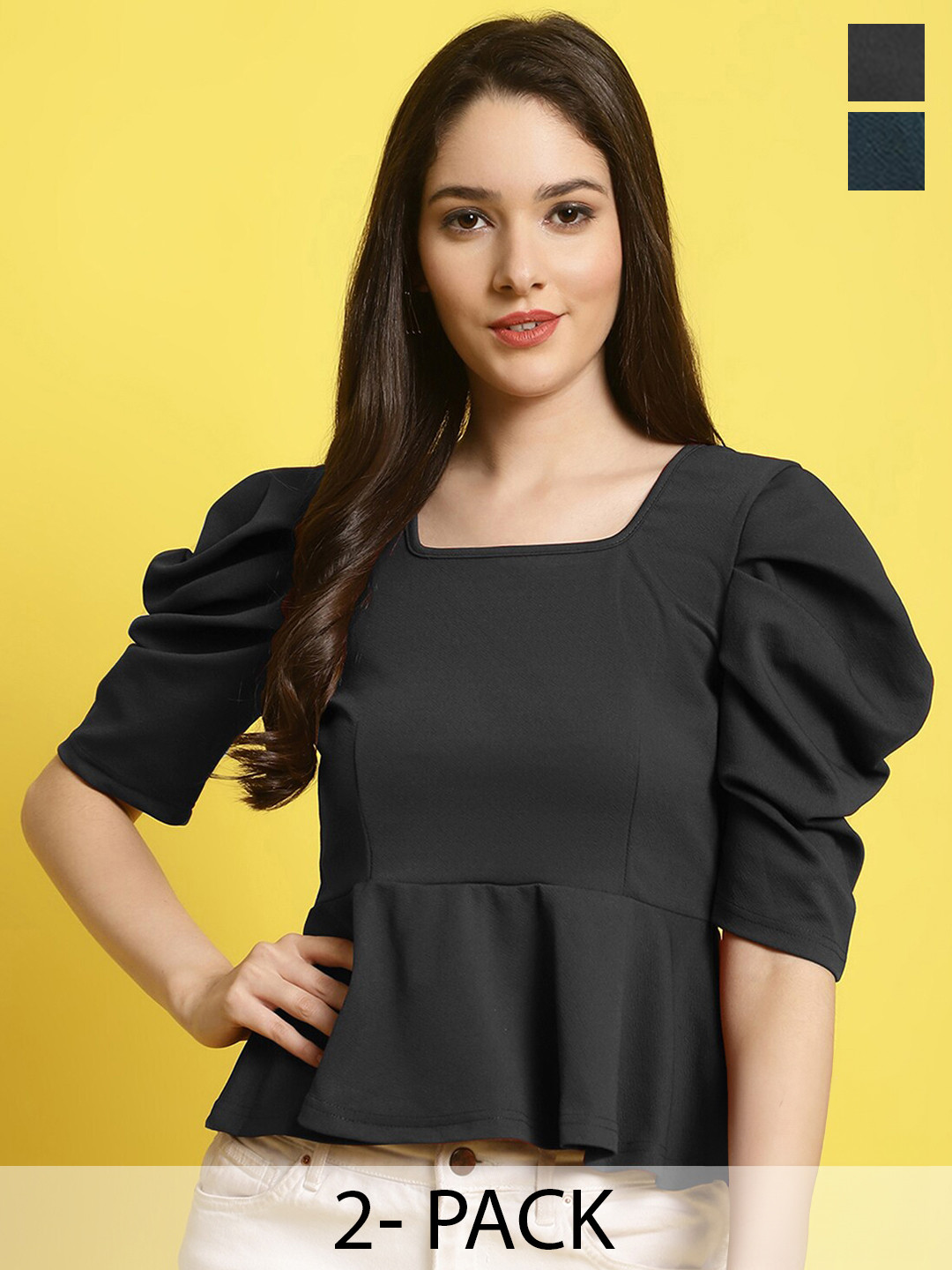 

Fabflee Pack Of 2 Puff Sleeve Peplum Tops, Black
