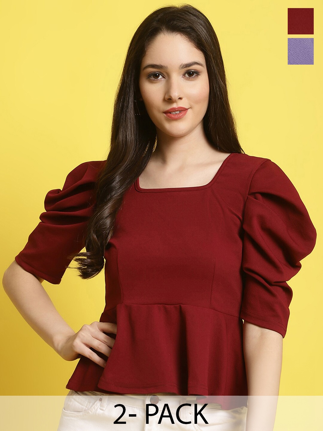 

Fabflee Pack Of 2 Puff Sleeves Peplum Top, Maroon