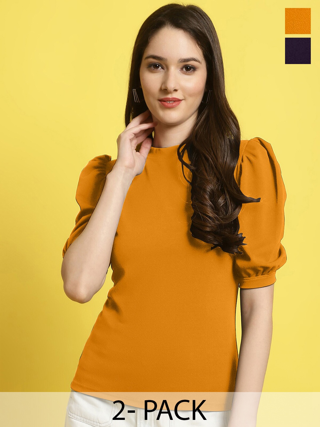 

Fabflee Pack Of 2 Puff Sleeves Top, Yellow