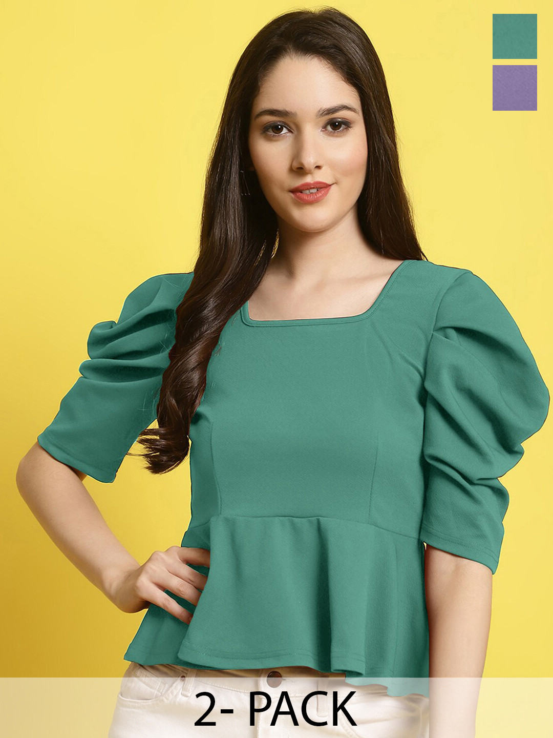 

Fabflee Pack Of 2 Puff Sleeve Square Neck Peplum Top, Green