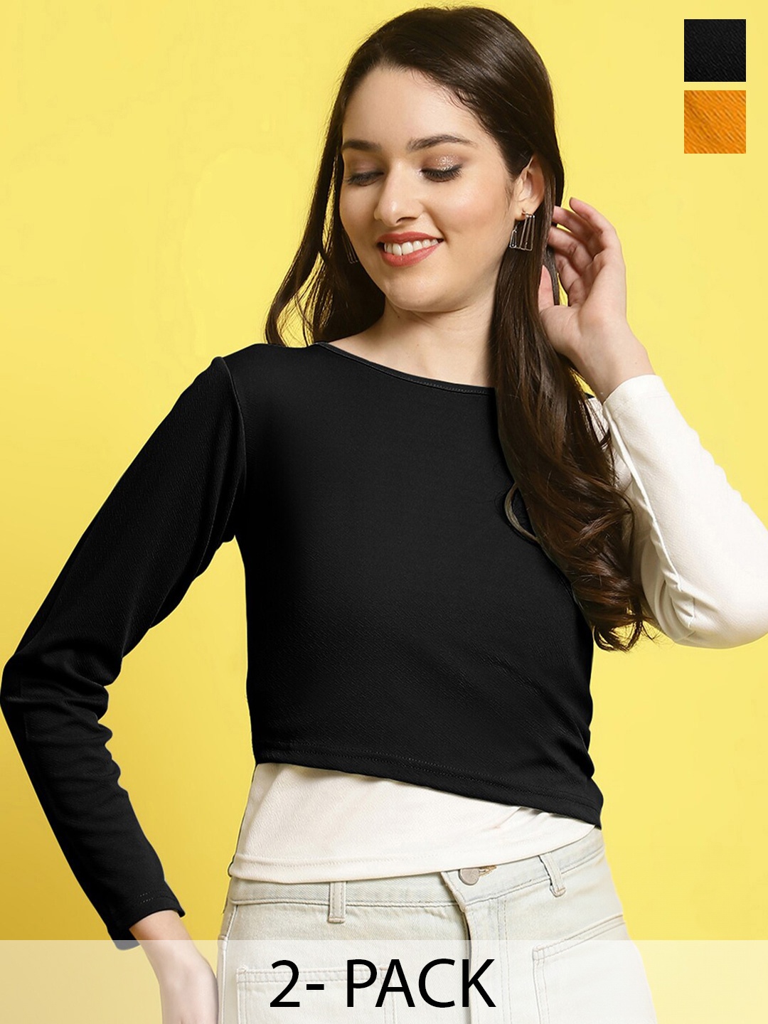 

Fabflee Pack Of 2 Colourblocked Puff Sleeves Top, Black