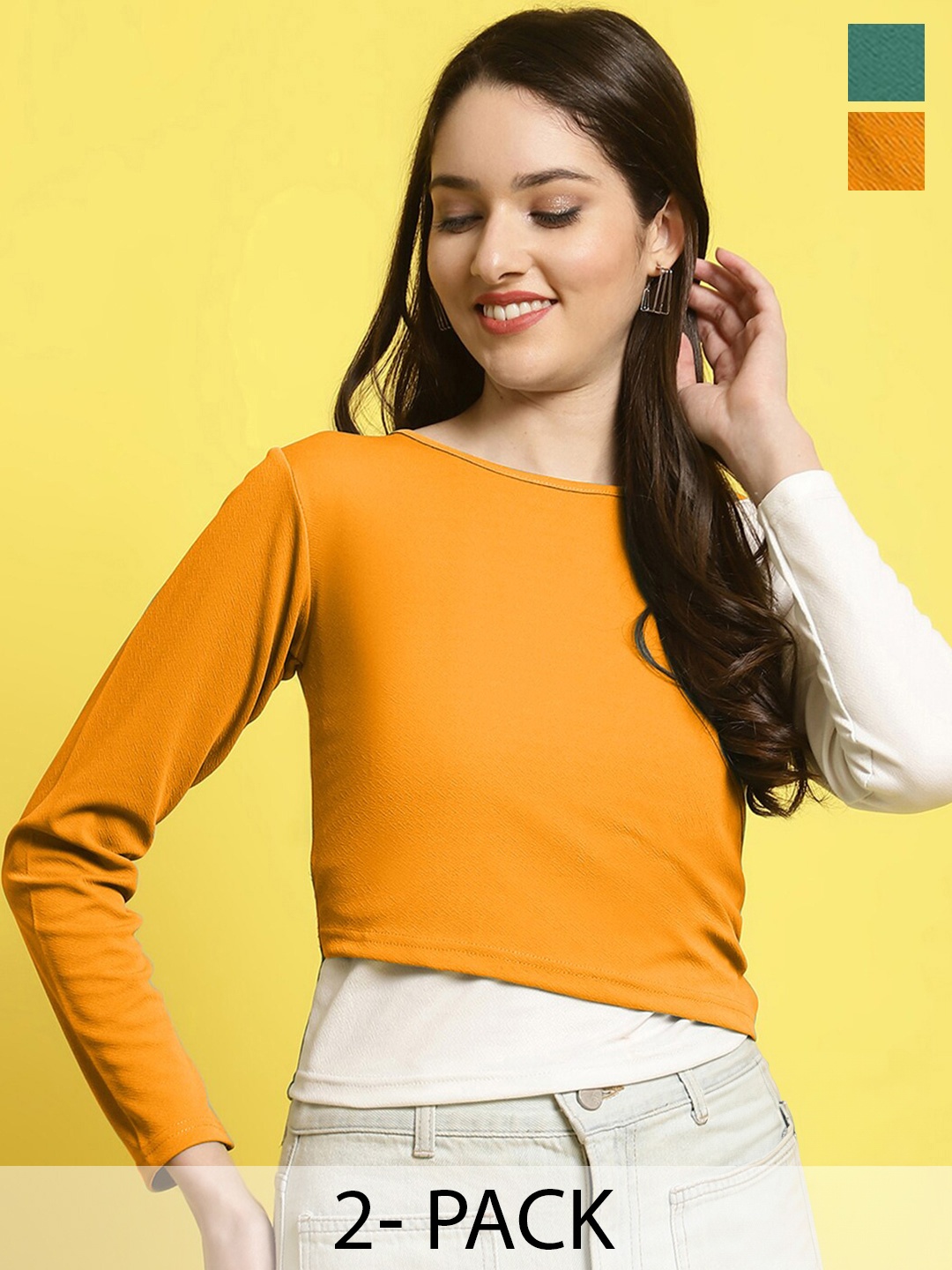 

Fabflee Pack Of 2 V-Neck Puff Sleeves Tops, Mustard