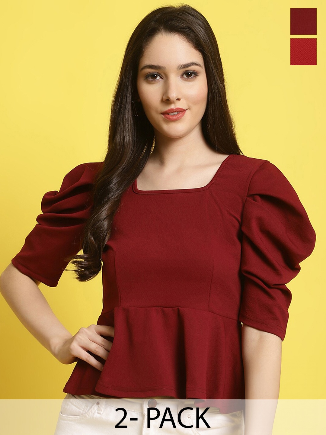 

Fabflee Pack Of 2 V-Neck Puff Sleeves Tops, Maroon