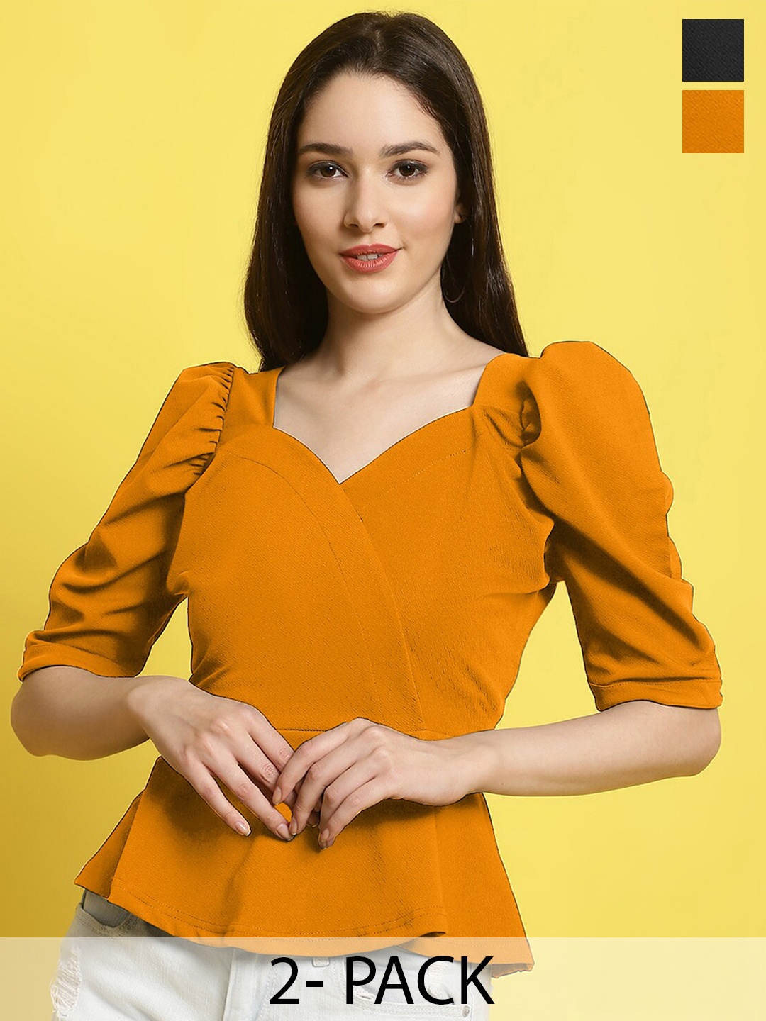 

Fabflee Pack Of 2 Puff Sleeve Sweetheart Neck Peplum Top, Mustard