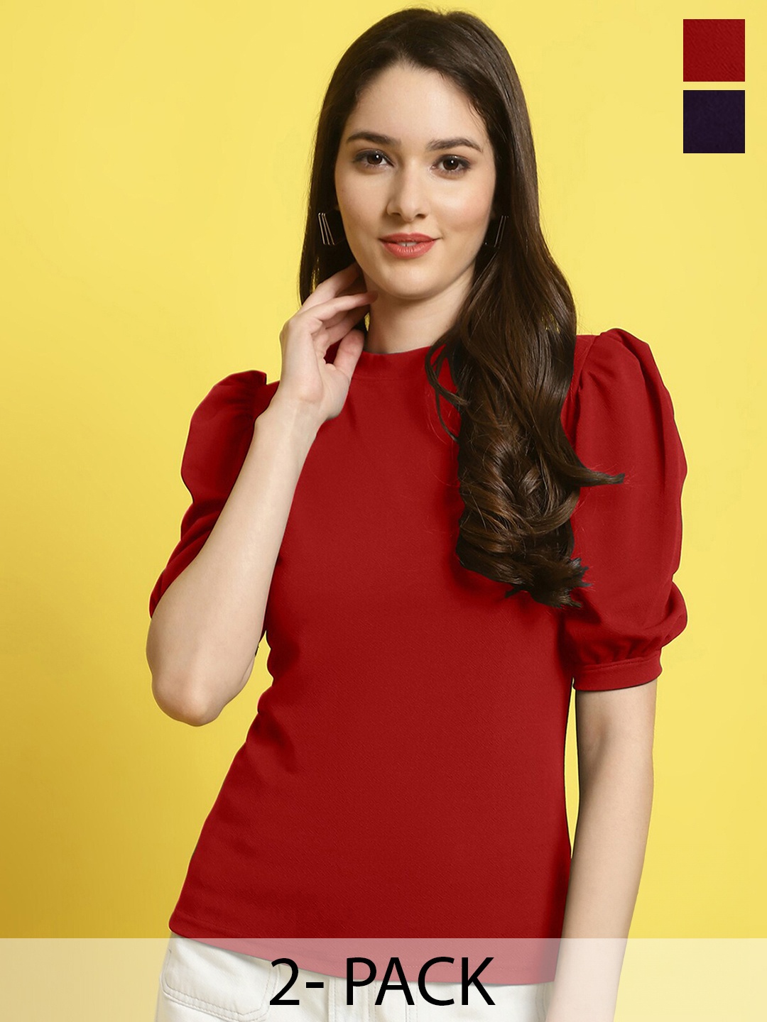 

Fabflee Pack Of 2 Puff Sleeves Tops, Maroon