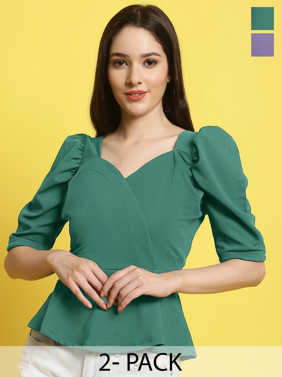 

Fabflee Pack Of 2 Puff Sleeve Sweet Heart Neck Casual Peplum Tops, Green