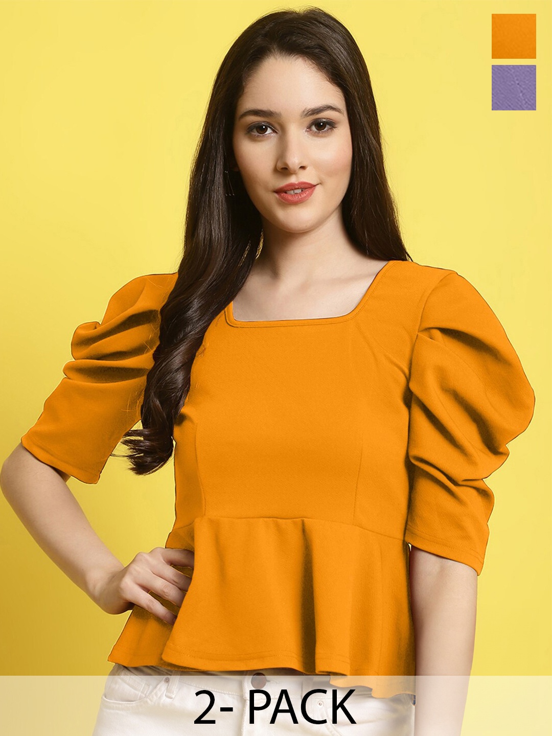 

Fabflee Pack Of 2 Puff Sleeve Casual Peplum Tops, Mustard