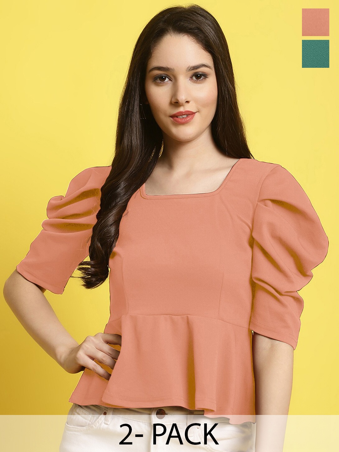 

Fabflee Pack Of 2 Puff Sleeve Casual Tops, Peach