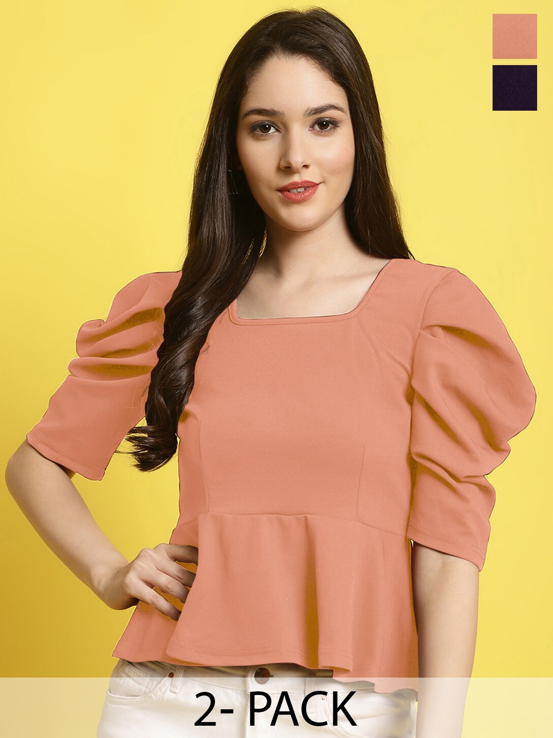 

Fabflee Pack Of 2 Puff Sleeves Top, Coral